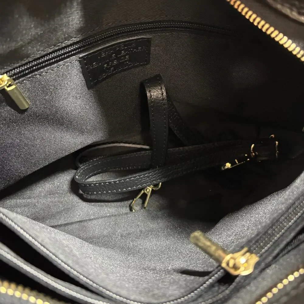 Vera Pelle Gold Top Handle Hobo Bag Black Genuine Leather Inner Zip Pocket Italy